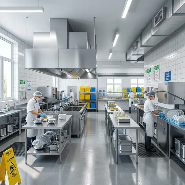 Cocina de comedor escolar perfectamente higienizada