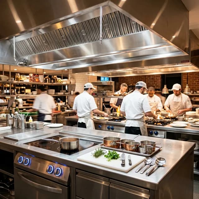 Cocina profesional de restaurante con campana extractora